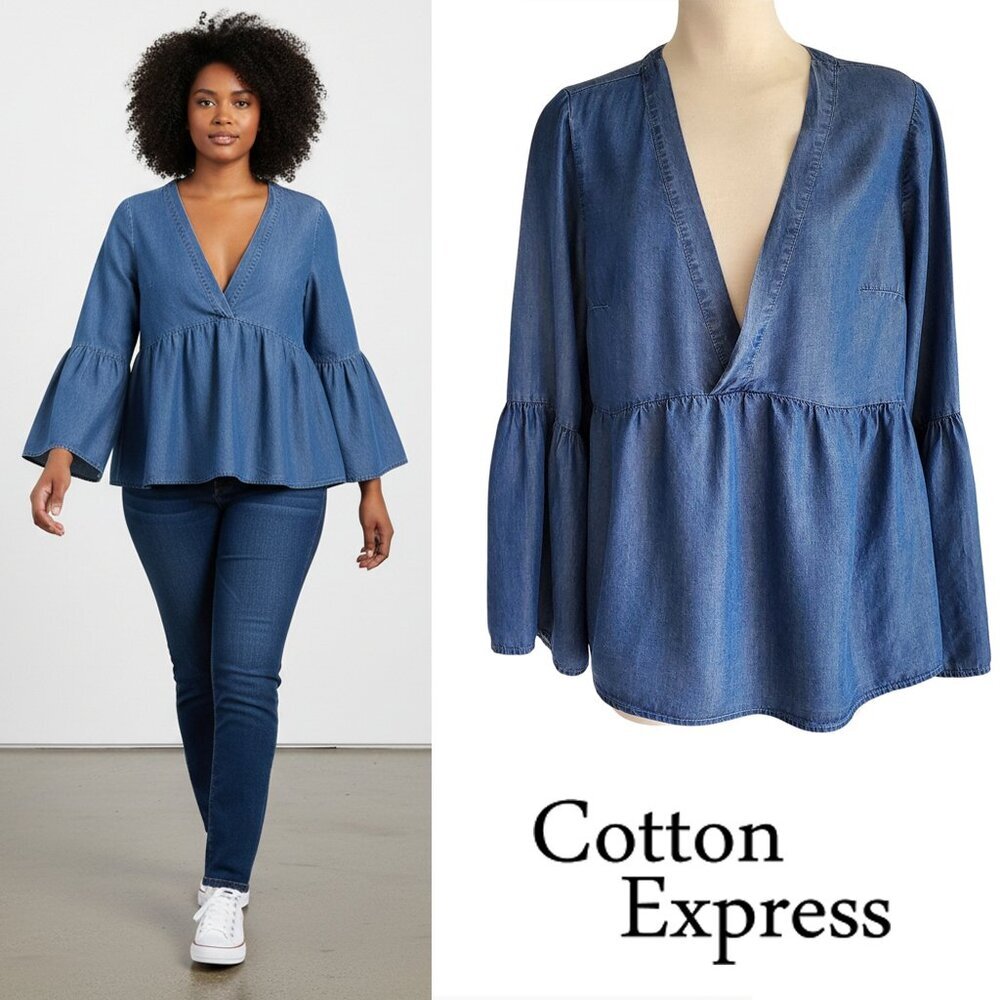 Cotton Express 100% Cotton Chambray Denim Blue Flowy Peplum High Waist Blouse L